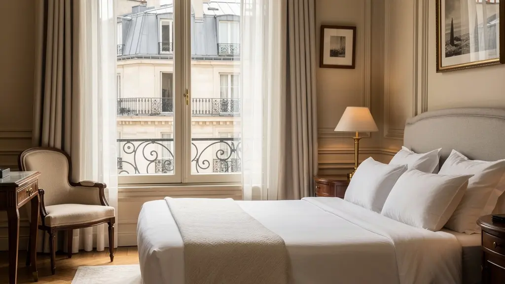 Chambre d'hôtel 4 étoiles parisien avec décoration classique française et vue sur les toits