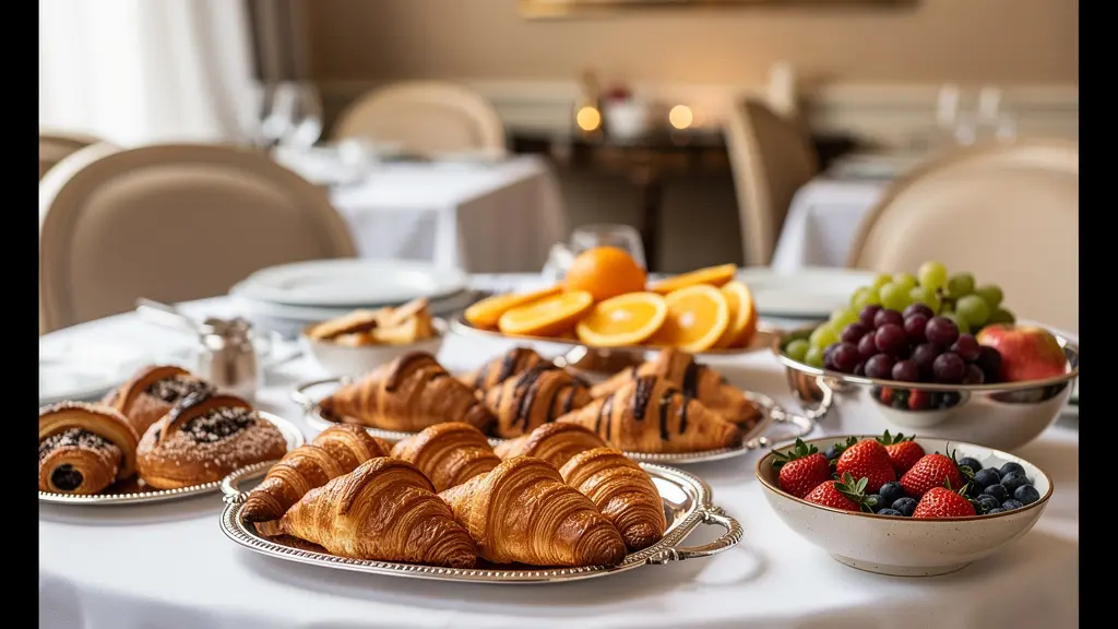 Buffet petit-déjeuner d'hôtel 4 étoiles avec viennoiseries et fruits frais