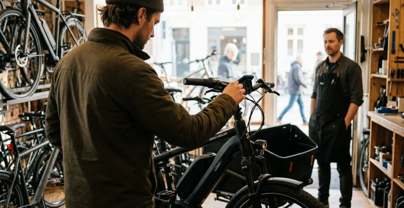 Un client observe attentivement un vélo électrique urbain dans une boutique, un vendeur visible en arrière-plan flou