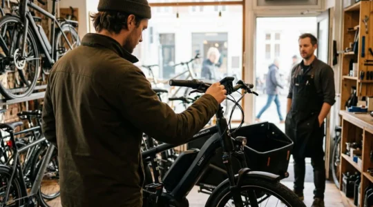 Un client observe attentivement un vélo électrique urbain dans une boutique, un vendeur visible en arrière-plan flou