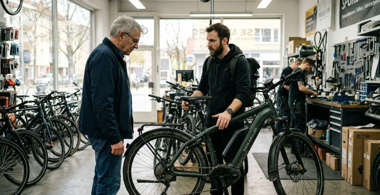 Un conseiller et un client observent côte à côte un vélo électrique dans un magasin lumineux, en conversation naturelle