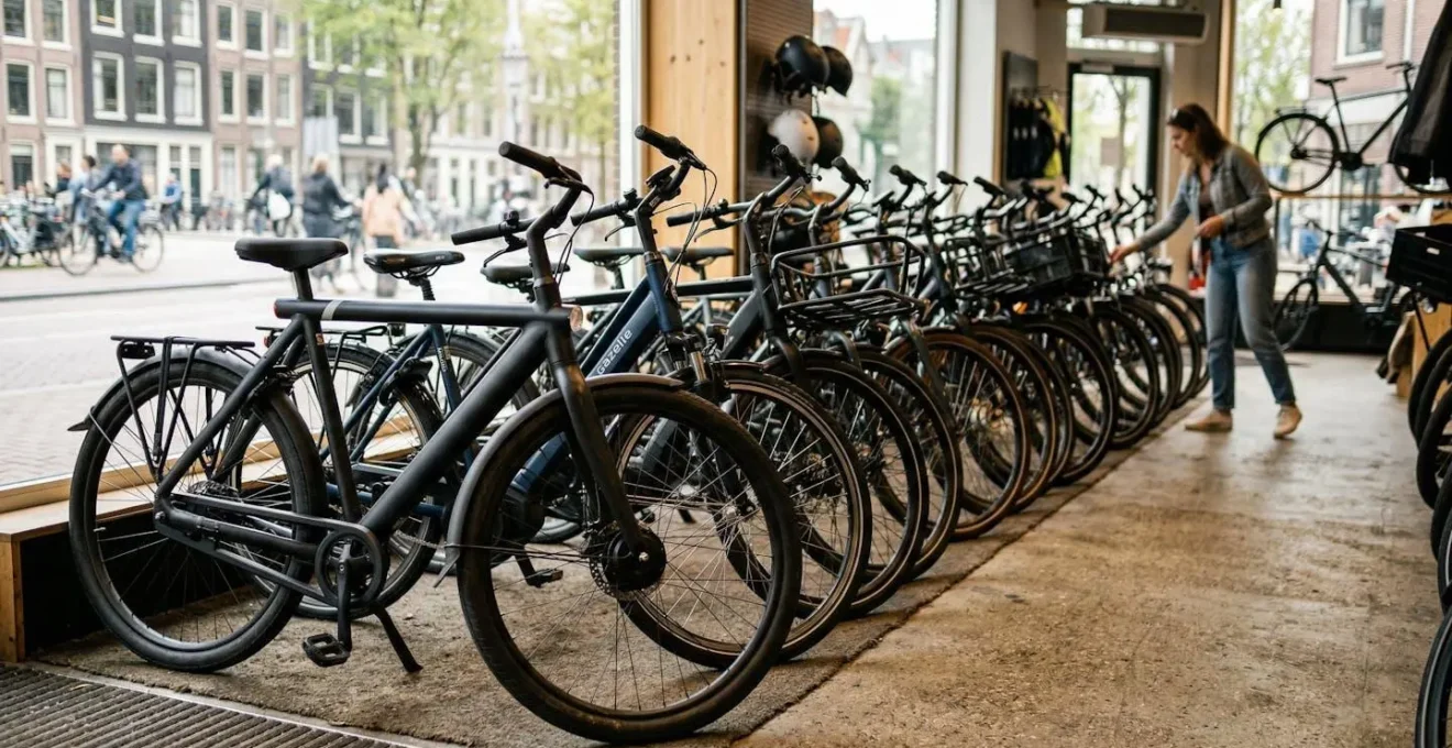 Rangée de vélos électriques hollandais alignés dans un showroom lumineux, cadres colorés visibles en profondeur