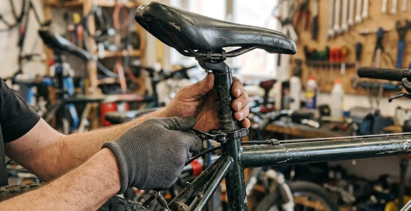 Des mains ajustent la hauteur de selle d'un vélo électrique dans un atelier, avec des outils flous en arrière-plan