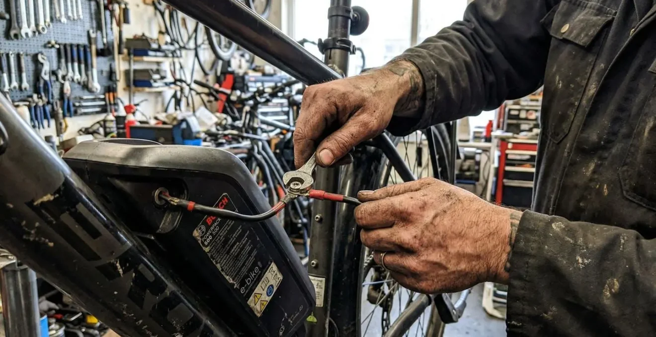 Les mains d'un technicien vérifient les connexions d'une batterie de vélo électrique dans un atelier de réparation