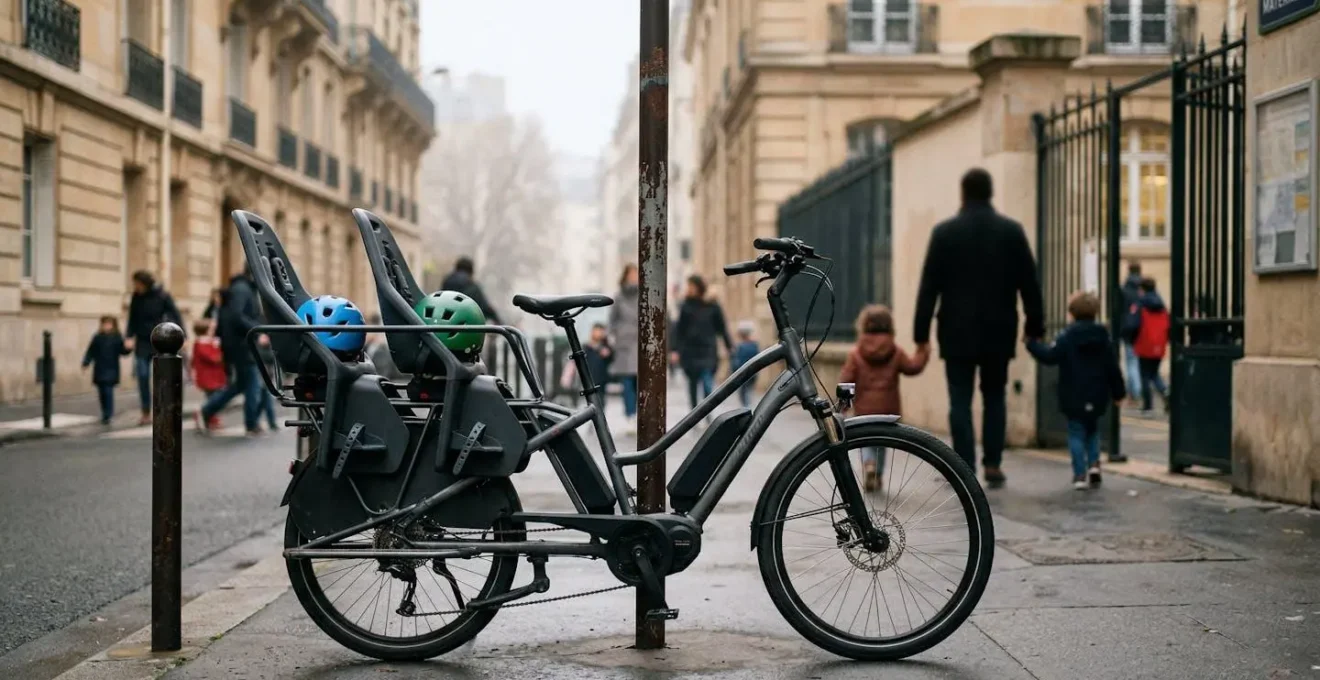 Un vélo longtail équipé d'un siège enfant est garé devant les grilles d'une école parisienne, avec un parent flou en arrière-plan