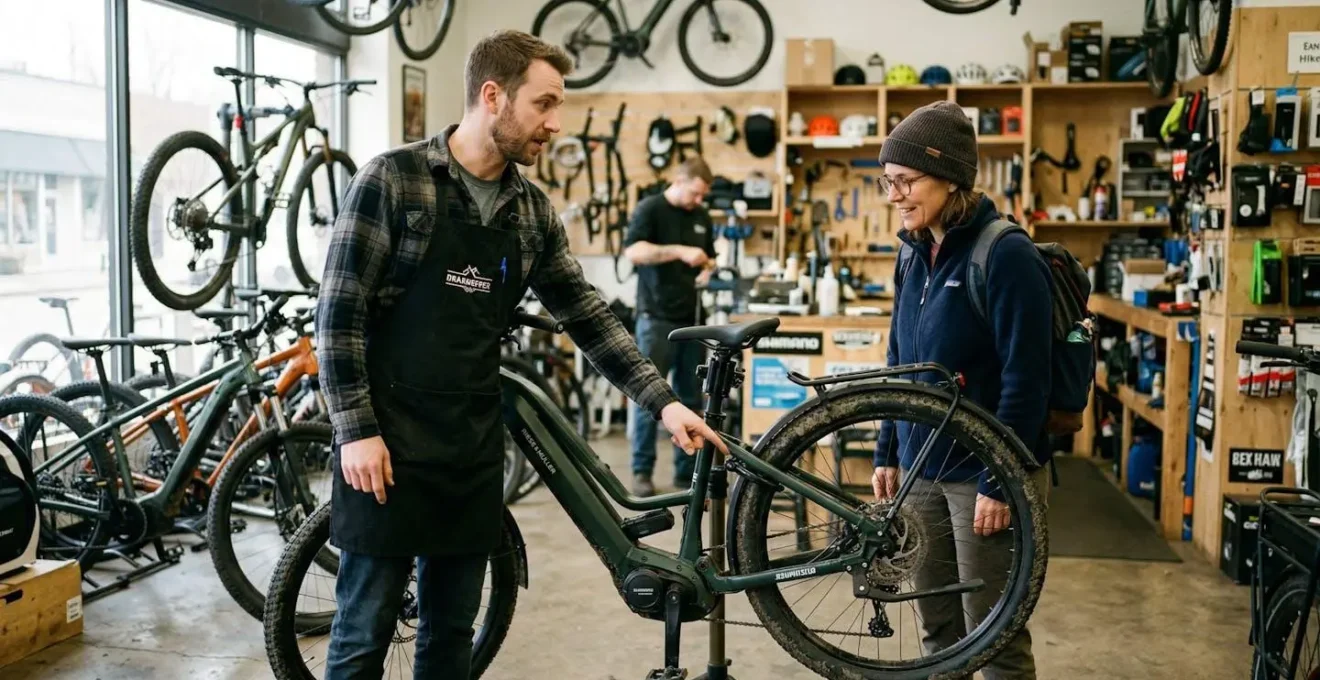 Un vendeur pointe du doigt le moteur d'un vélo électrique tout en expliquant son fonctionnement à un client attentif