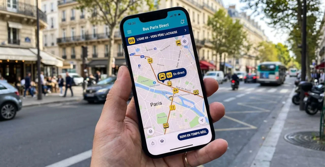 Gros plan sur un écran de smartphone affichant une carte interactive avec positions GPS des bus touristiques en temps réel et temps d'attente estimés