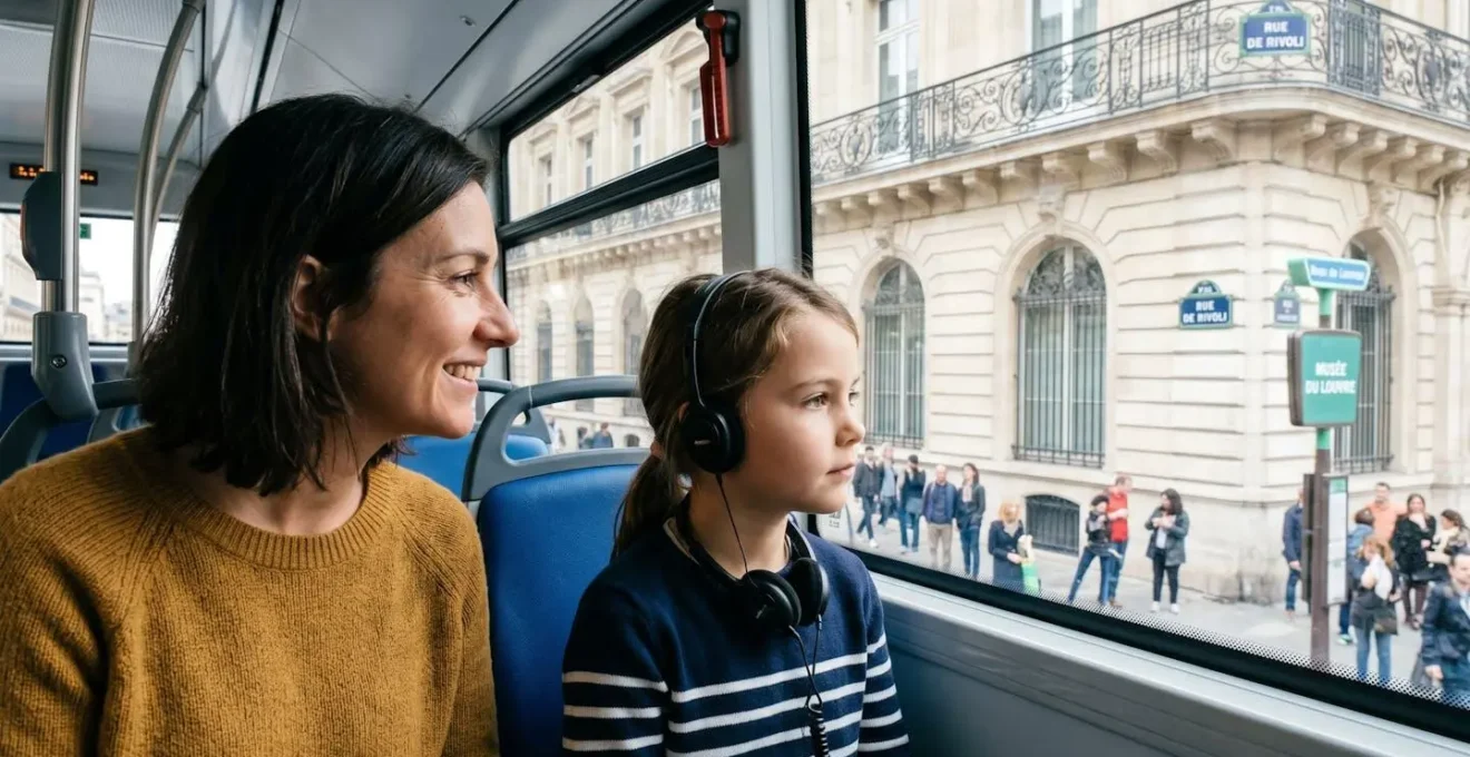 Enfant de 8-10 ans portant un casque audio dans un bus touristique parisien, regard concentré vers les monuments, parent souriant à côté