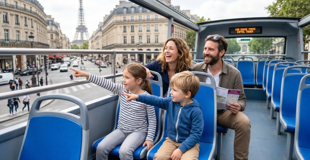 Une famille de quatre personnes à bord d'un bus touristique à impériale toit ouvert, deux enfants pointant vers les monuments parisiens, vue de profil